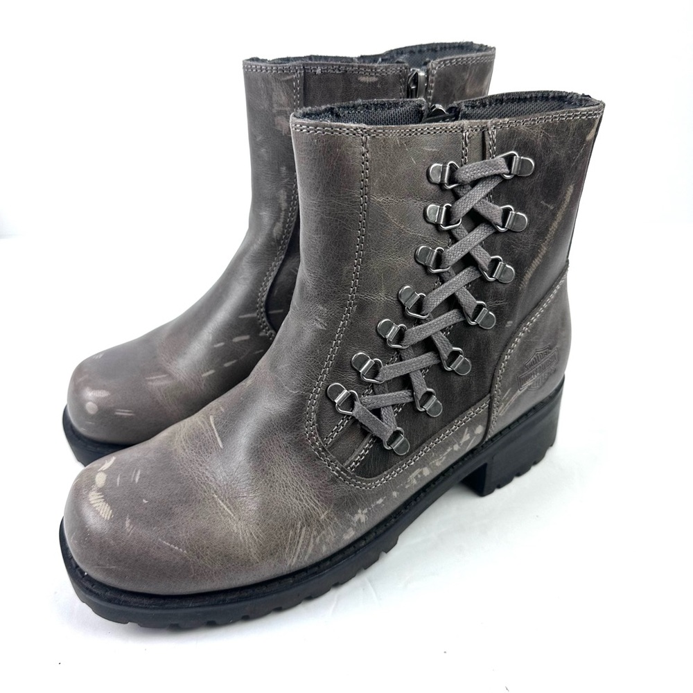 Harley Davidson Hackley Bootie 8 Gray Distressed Leather Zip Up Bootie Womens